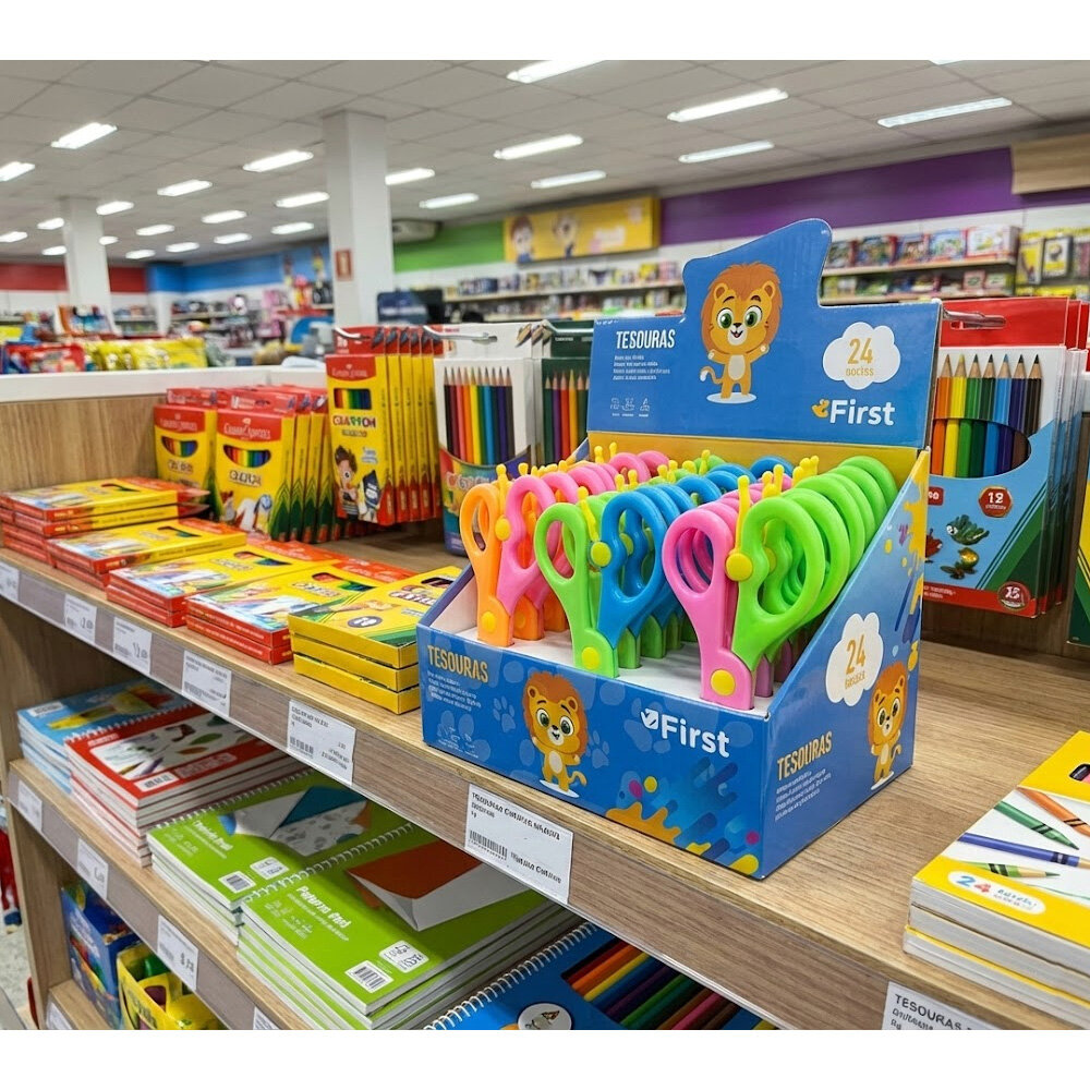 Caixa com 24 Tesouras Escolares 13cm Pontas Redondas sem Lâminas Metálicas