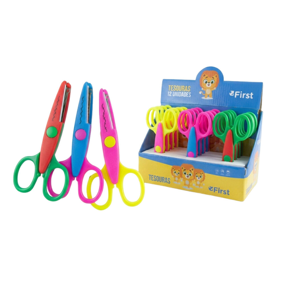 Caixa com 12 Tesouras Escolares Decorativas 13cm com 3 Cortes Sortidos