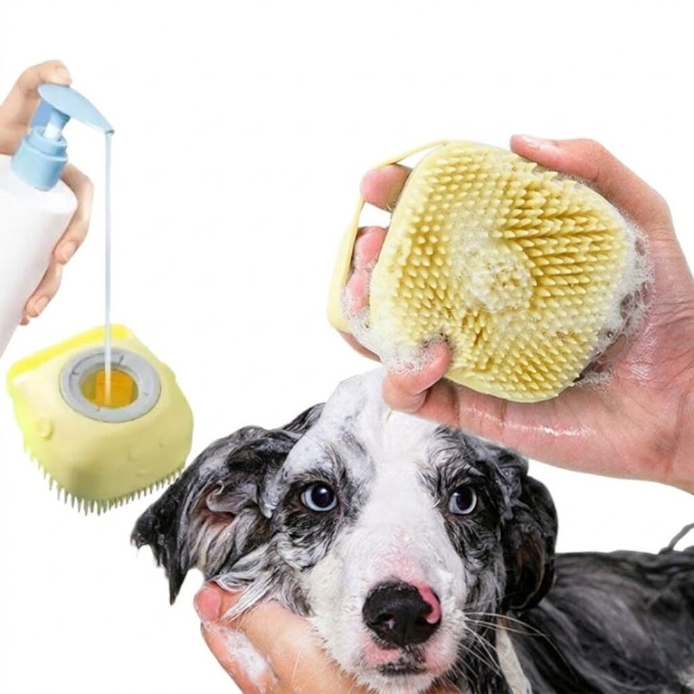 Escova de Banho para Pets Silicone Dispenser de Shampoo Massageadora Amarela