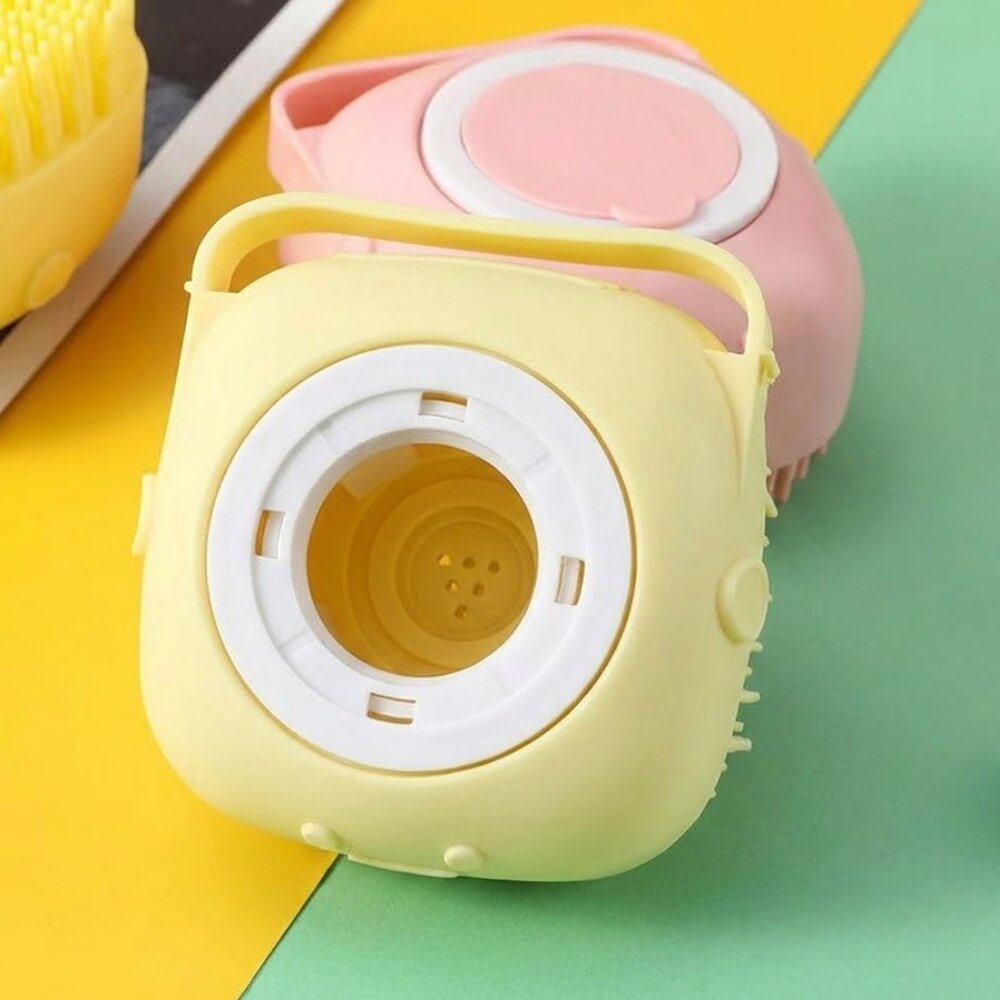 Escova de Banho para Pets Silicone Dispenser de Shampoo Massageadora Amarela