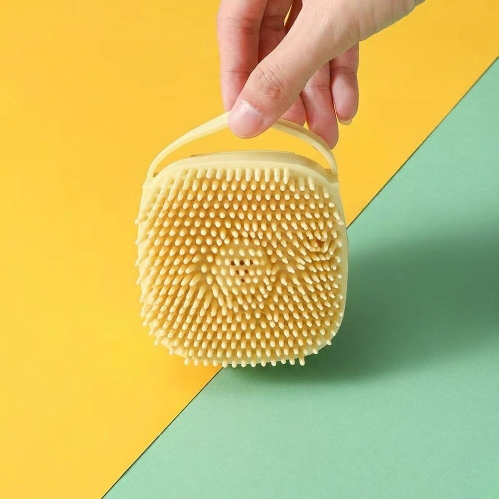 Escova de Banho para Pets Silicone Dispenser de Shampoo Massageadora Amarela