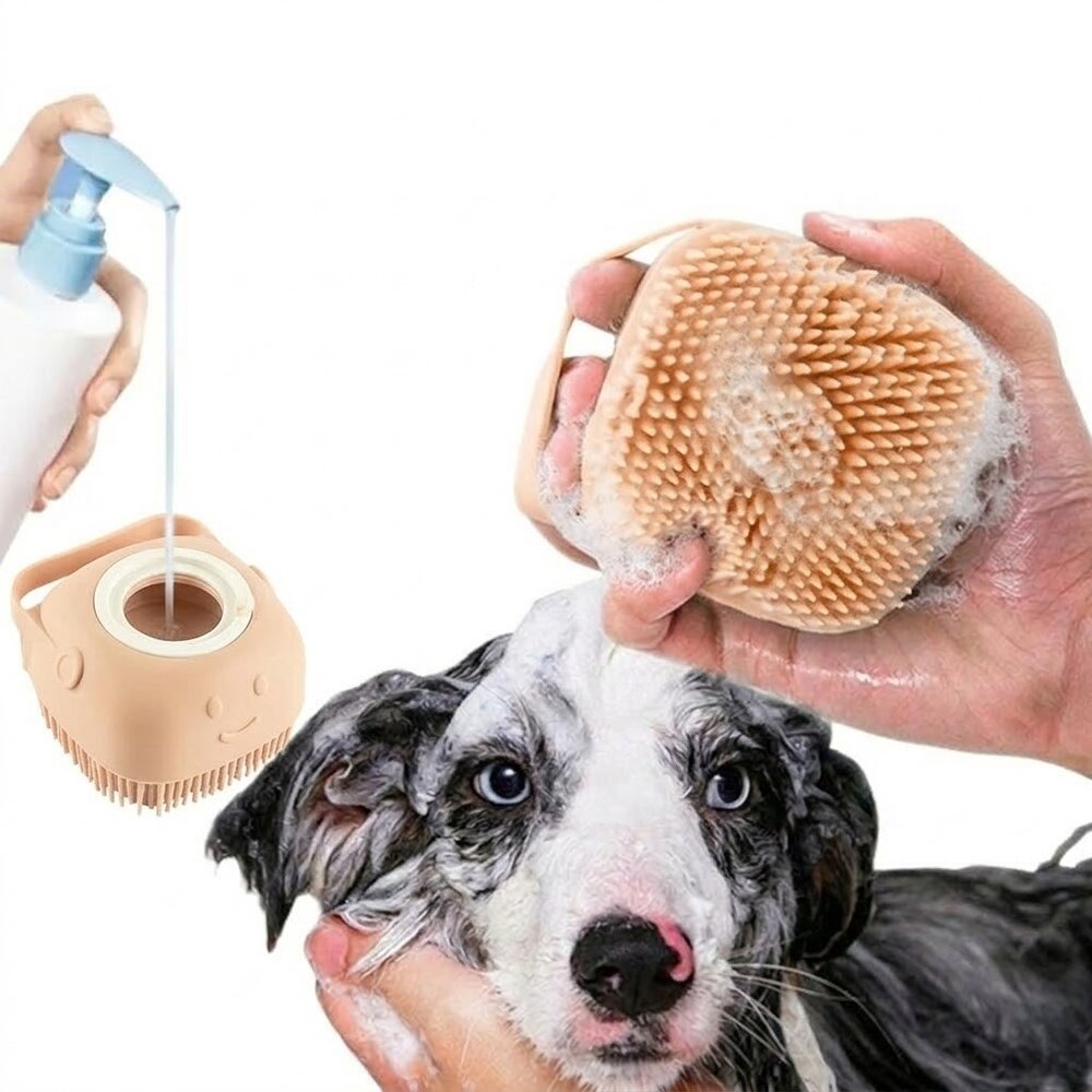 Escova de Banho para Pets Silicone Dispenser de Shampoo Massageadora Bege
