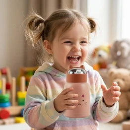 Copo Infantil 350ml Cartoon Interior de Vidro Parede Dupla Isolamento Térmico Rosa