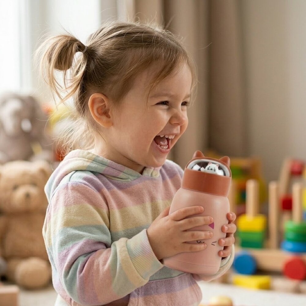 Copo Infantil 350ml Cartoon Interior de Vidro Parede Dupla Isolamento Térmico Rosa