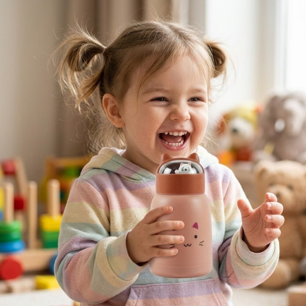 Copo Infantil 350ml Cartoon Interior de Vidro Parede Dupla Isolamento Térmico Rosa