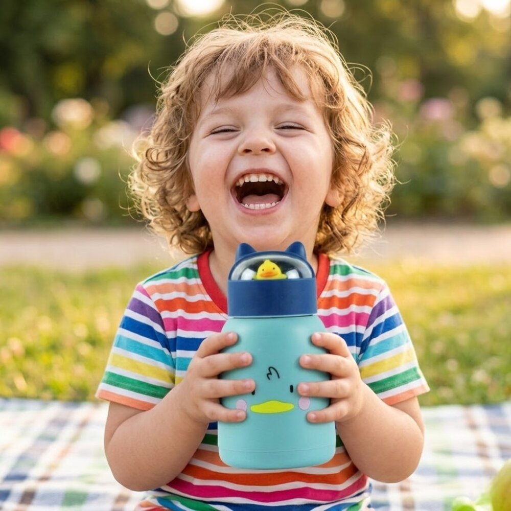 Copo Infantil 350ml Cartoon Interior de Vidro Parede Dupla Isolamento Térmico Azul