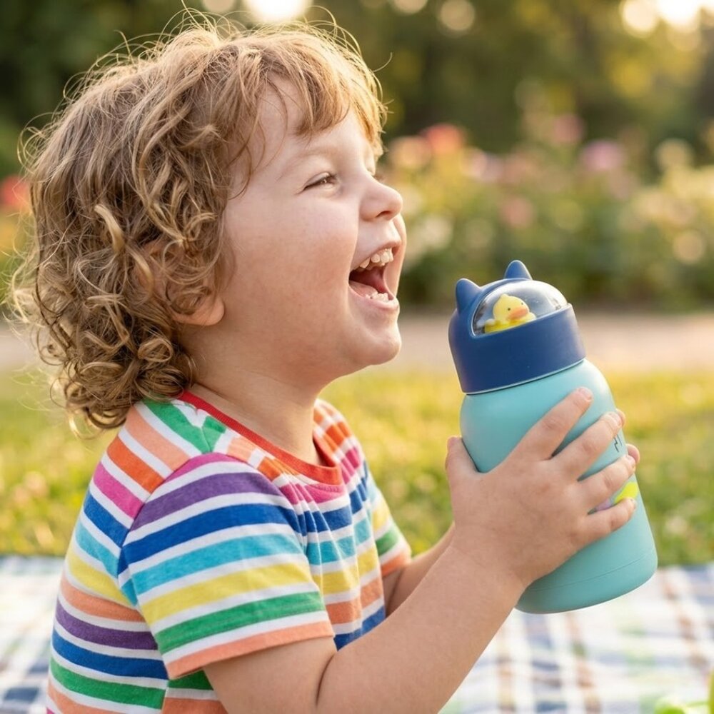 Copo Infantil 350ml Cartoon Interior de Vidro Parede Dupla Isolamento Térmico Azul