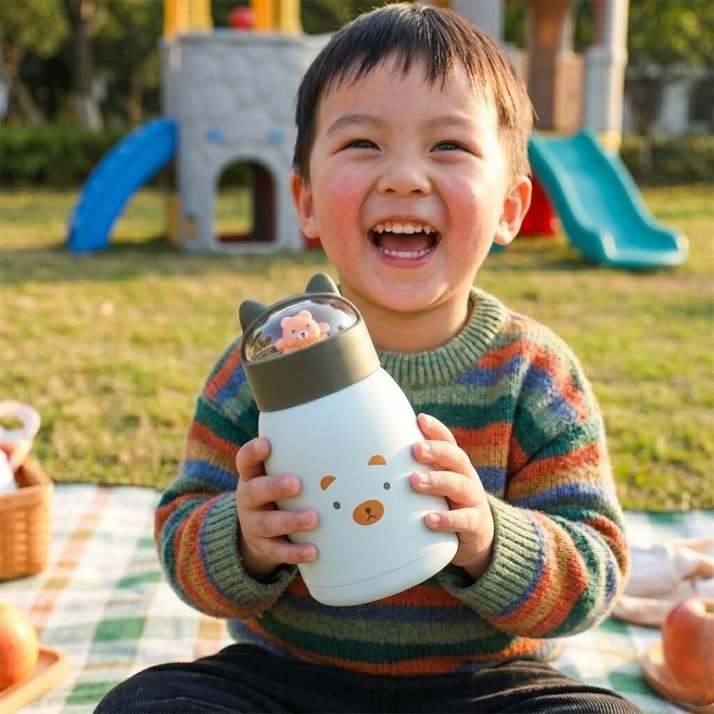 Copo Infantil 350ml Cartoon Interior de Vidro Parede Dupla Isolamento Térmico Branco