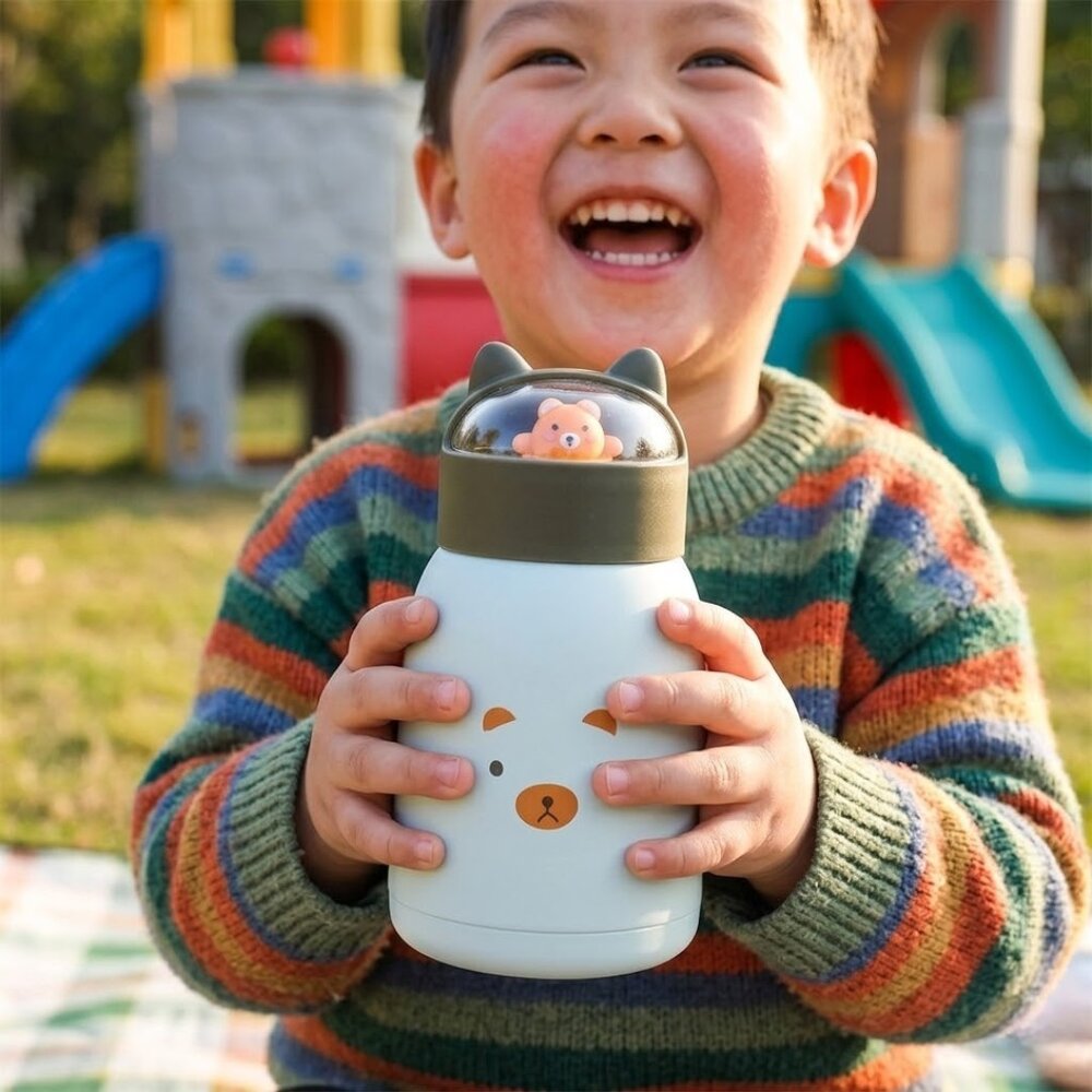 Copo Infantil 350ml Cartoon Interior de Vidro Parede Dupla Isolamento Térmico Branco