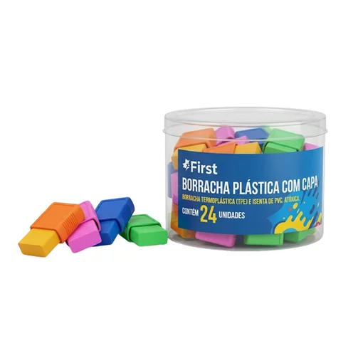 Kit 24 Borrachas Escolares Pequenas Neon com Capa Plástica Pote