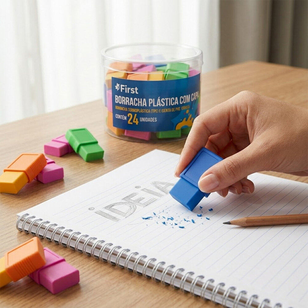 Kit 24 Borrachas Escolares Pequenas Neon com Capa Plástica Pote
