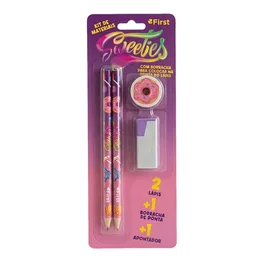 Kit Escolar com 2 Lápis, Apontador e Borracha Sweeties