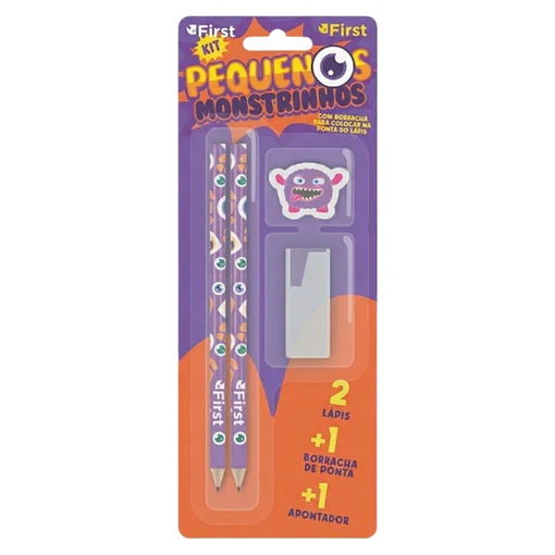 Kit Escolar com 2 Lápis, Apontador e Borracha Monstrinhos