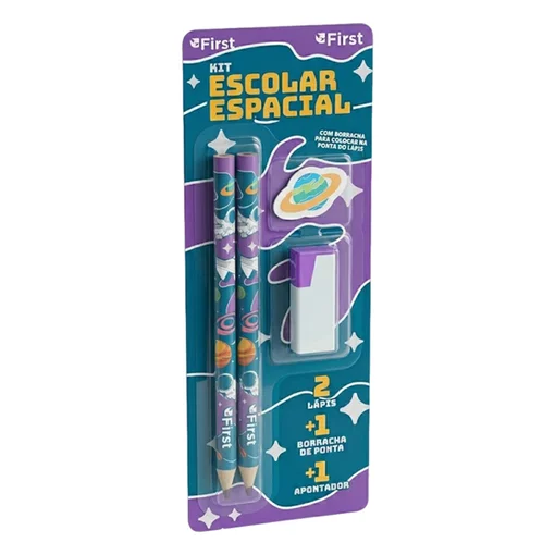 Kit Escolar com 2 Lápis, Apontador e Borracha Tema Espacial