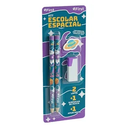 Kit Escolar com 2 Lápis, Apontador e Borracha Tema Espacial