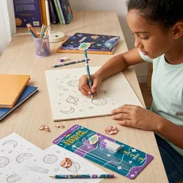 Kit Escolar com 2 Lápis, Apontador e Borracha Tema Espacial