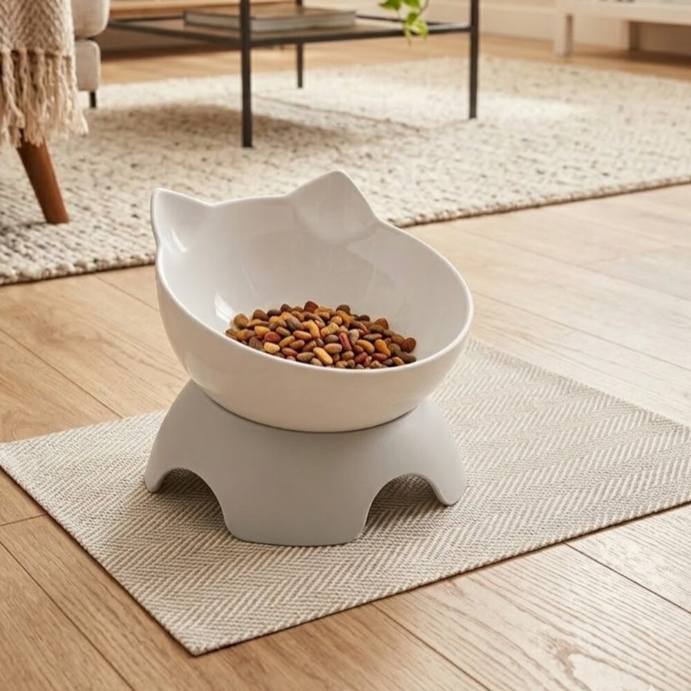 Comedouro Tigela Acrílico Pets Elevada com Orelhas Água Ração Branca