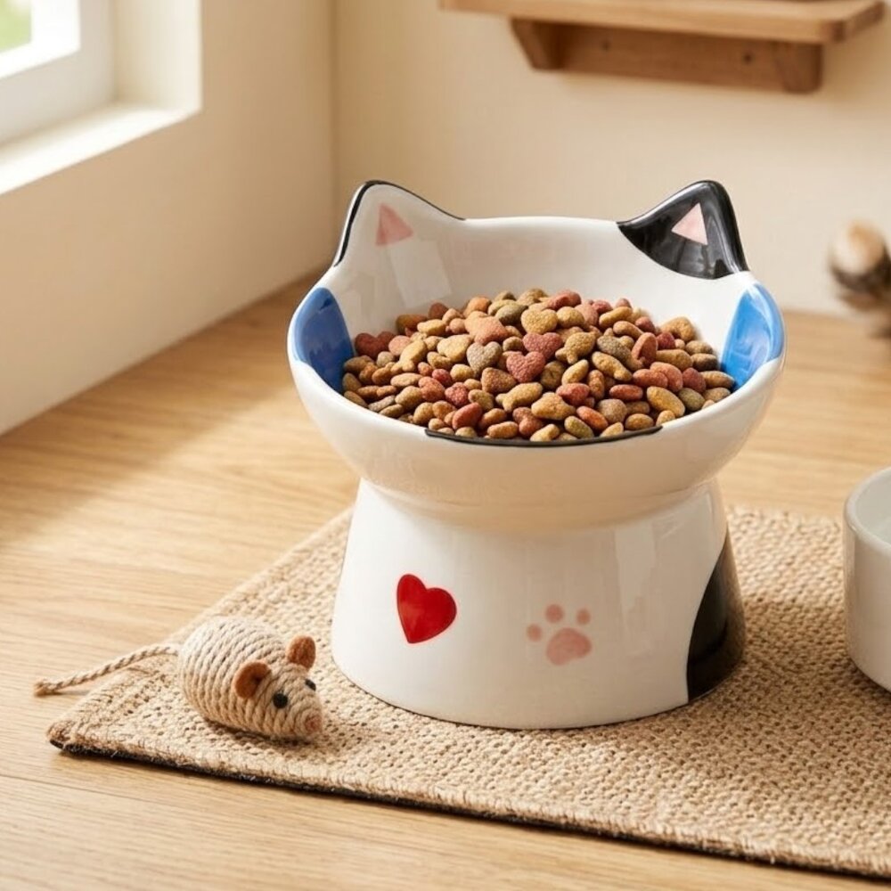 Comedouro Tigela Cerâmica Pets Elevada com Orelhas Água Ração