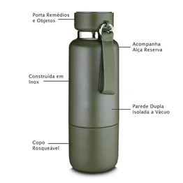 Garrafa em Inox Porta Comprimidos Parede Dupla 500ml Com Copo Verde