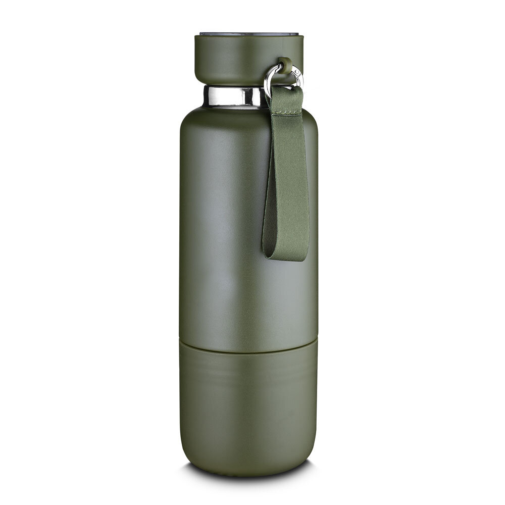 Garrafa em Inox Porta Comprimidos Parede Dupla 500ml Com Copo Verde