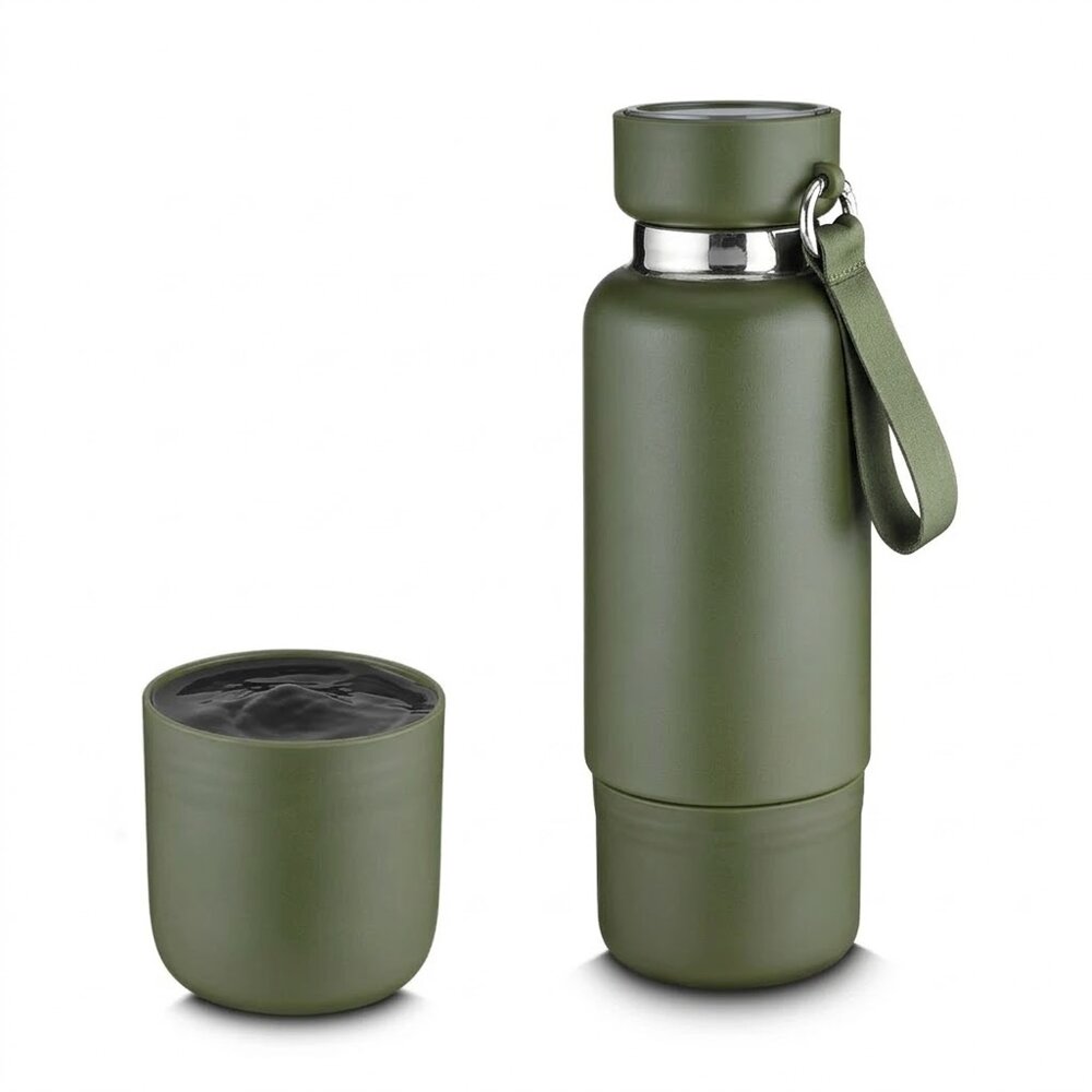 Garrafa em Inox Porta Comprimidos Parede Dupla 500ml Com Copo Verde