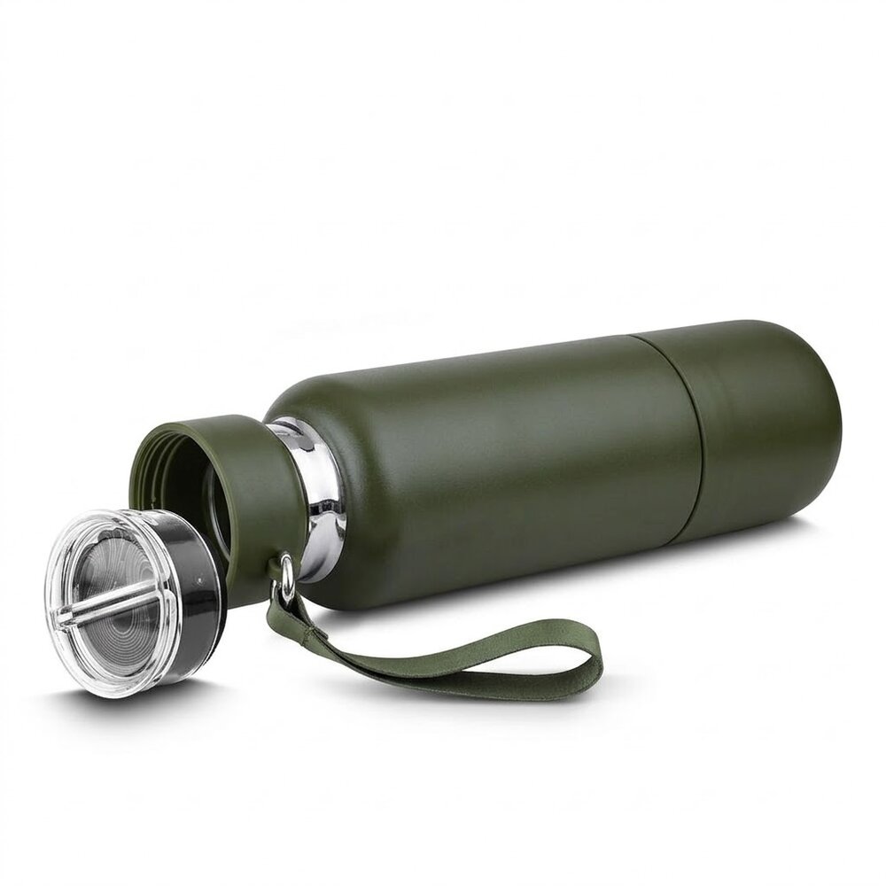 Garrafa em Inox Porta Comprimidos Parede Dupla 500ml Com Copo Verde