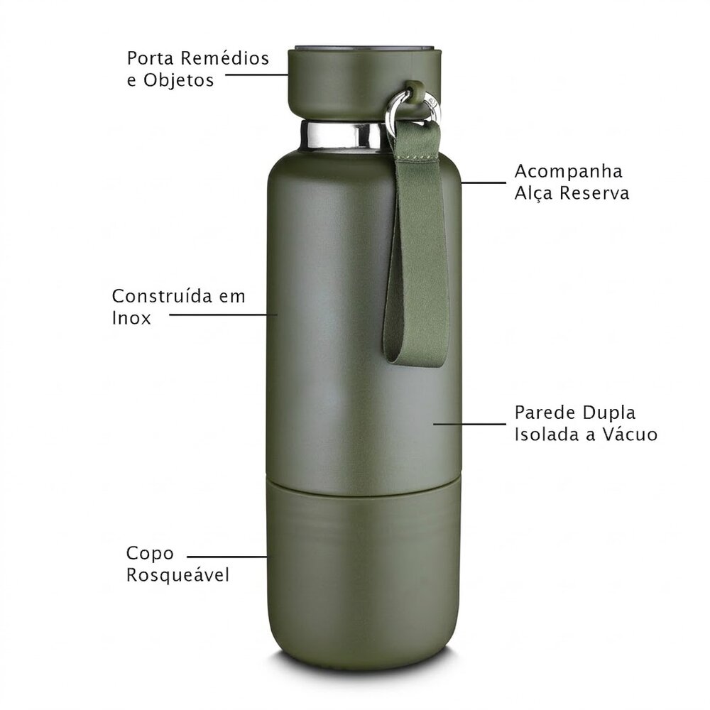 Garrafa em Inox Porta Comprimidos Parede Dupla 500ml Com Copo Verde