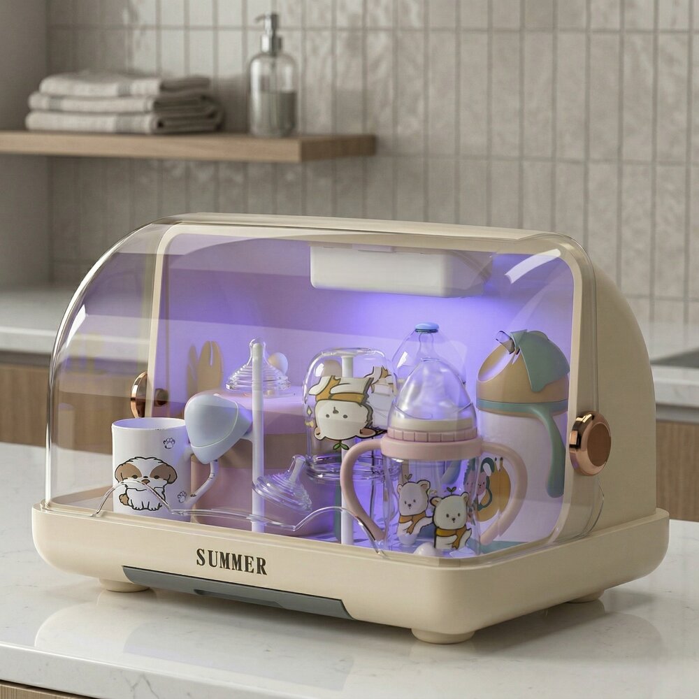 Escorredor de Mamadeira Fechado Higiênico com Luz UV Creme