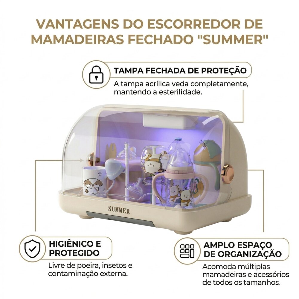 Escorredor de Mamadeira Fechado Higiênico com Luz UV Creme