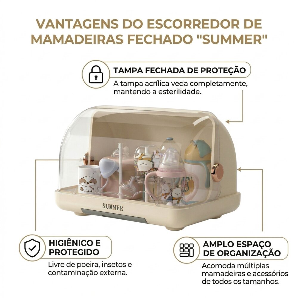 Escorredor de Mamadeira Fechado Higiênico com Tampa Infantil Creme