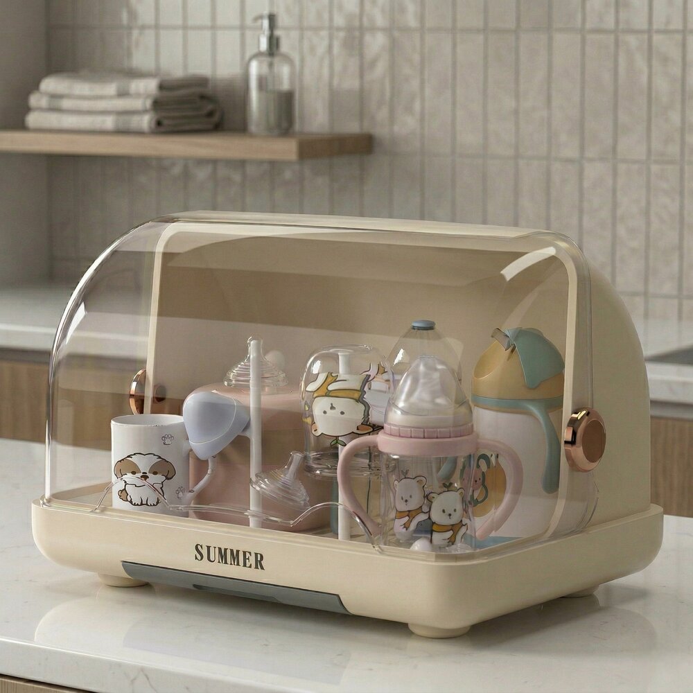 Escorredor de Mamadeira Fechado Higiênico com Tampa Infantil Creme