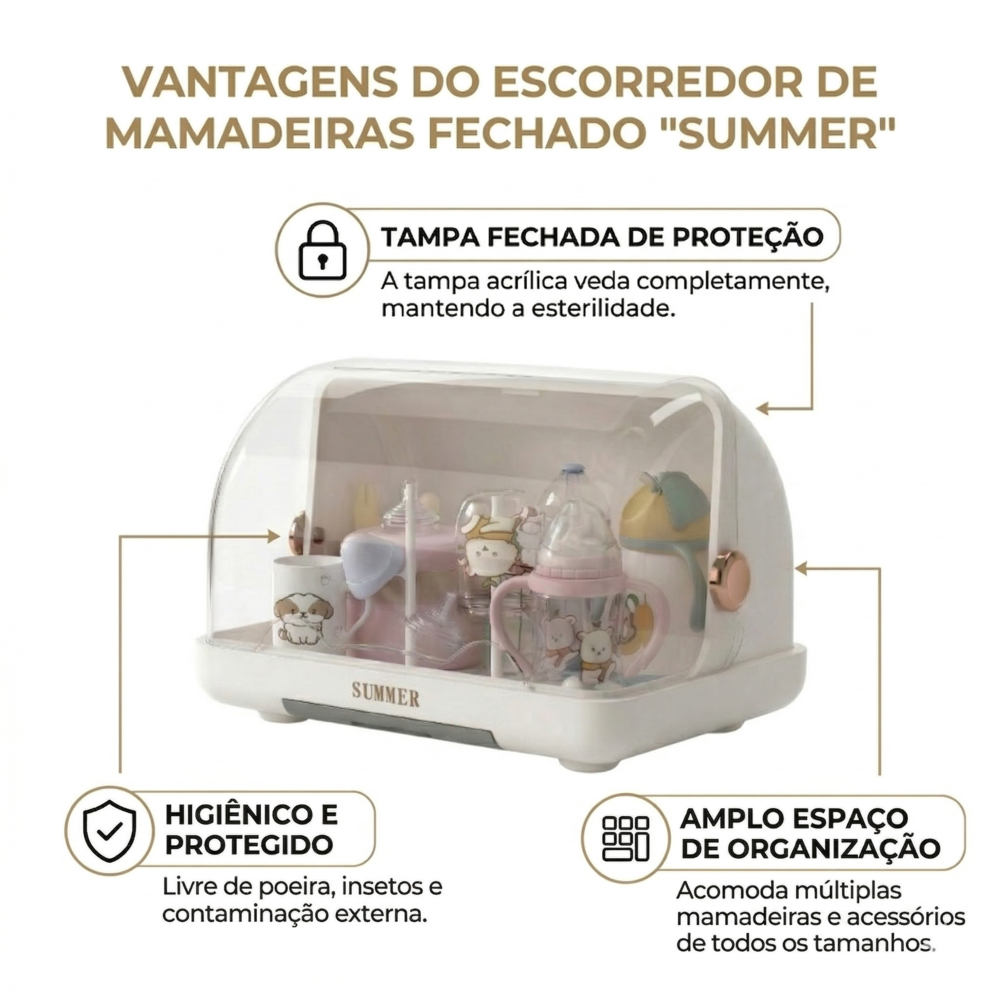 Escorredor de Mamadeira Fechado Higiênico com Tampa Infantil Branco