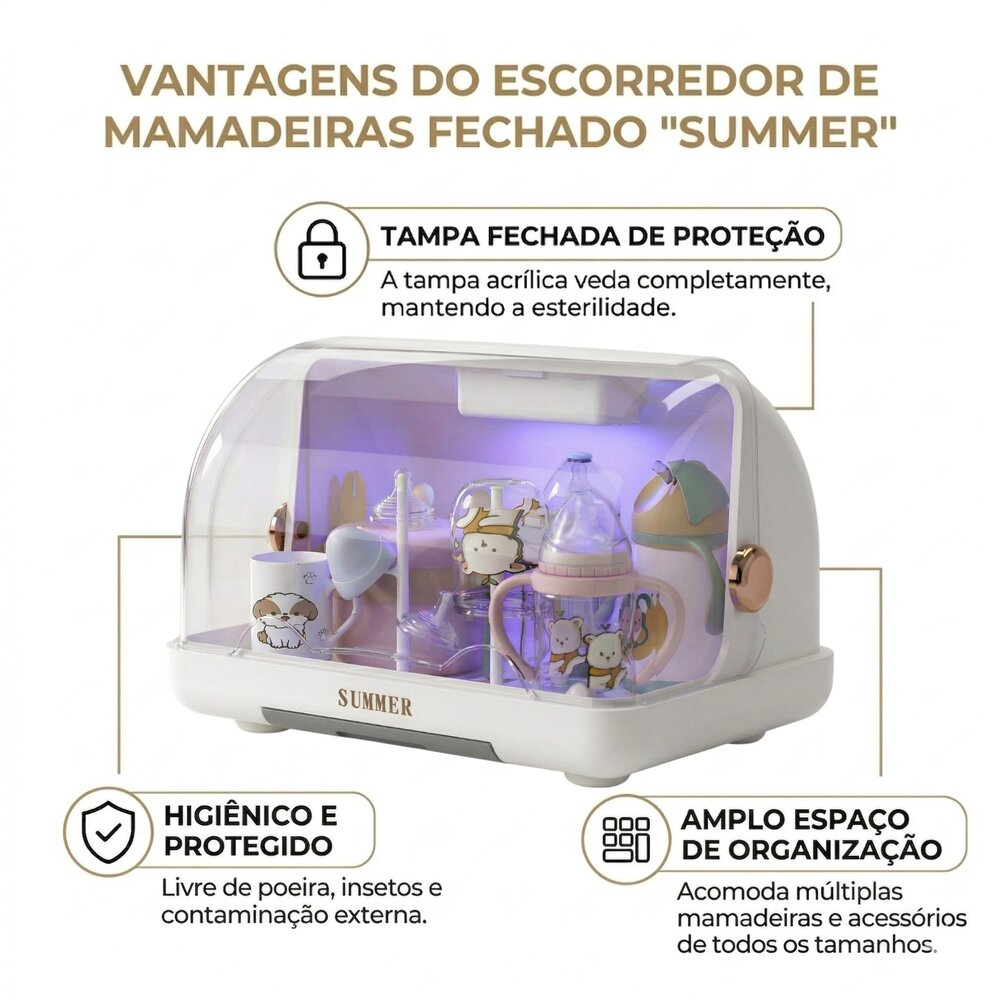 Escorredor de Mamadeira Fechado Higiênico com Luz UV Branco