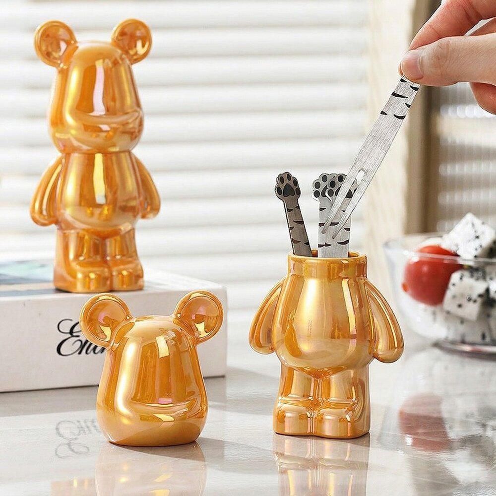 Porta Palitos de Dente Paliteiro em Forma de Urso Dourado