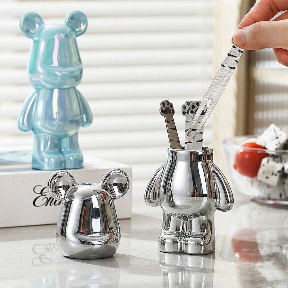 Porta Palitos de Dente Paliteiro em Forma de Urso Prateado