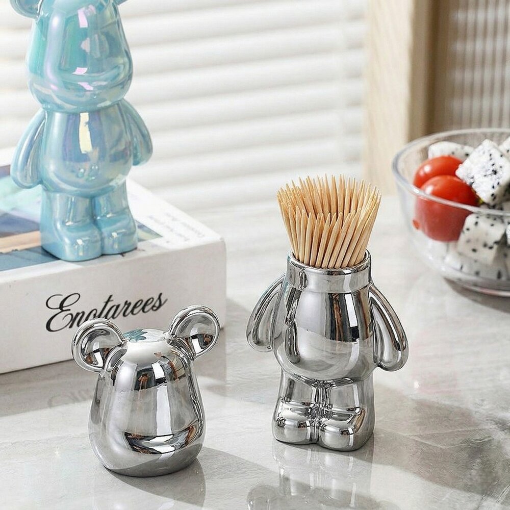 Porta Palitos de Dente Paliteiro em Forma de Urso Prateado