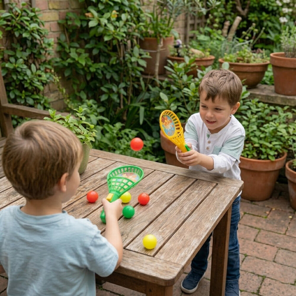 Kit Raquete Lança Bola Brinquedo Infantil 2 Peças 3+