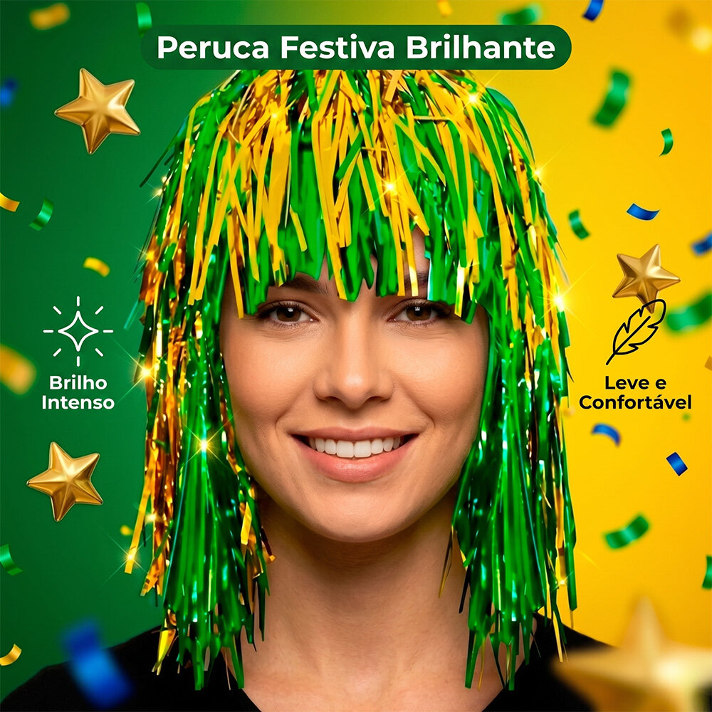 Peruca Torcedor Brasil Copa do Mundo Metalizada