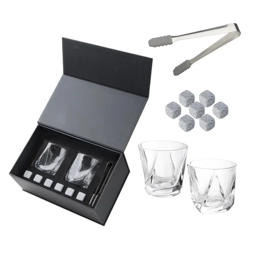 Kit Whisky Premium 2 Copos Pedras de Granito Pinça