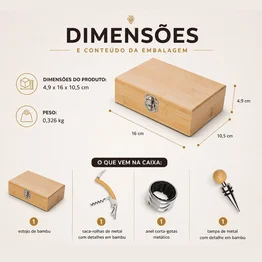 Kit Vinho Bambu: Saca-Rolha, Tampa Bico e Anel Corta-Gotas