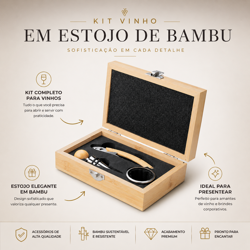 Kit Vinho Bambu: Saca-Rolha, Tampa Bico e Anel Corta-Gotas 