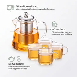 Bule de Vidro c/ Infusor 950ml e 4 Xícaras Borossilicato