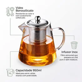 Bule de Vidro c/ Infusor 950ml e 4 Xícaras Borossilicato