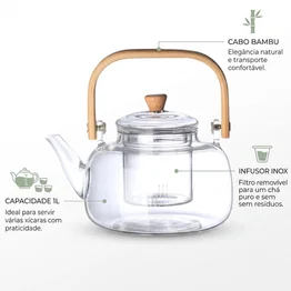 Chaleira Infusora 1L c/ Infusor de Chá Cabo Bambu