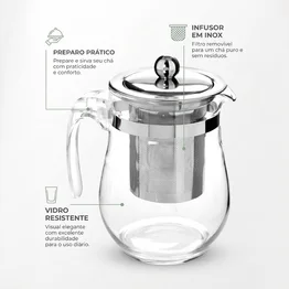 Chaleira Bule de Vidro c/ Infusor Chá em Aço Inox 600ml