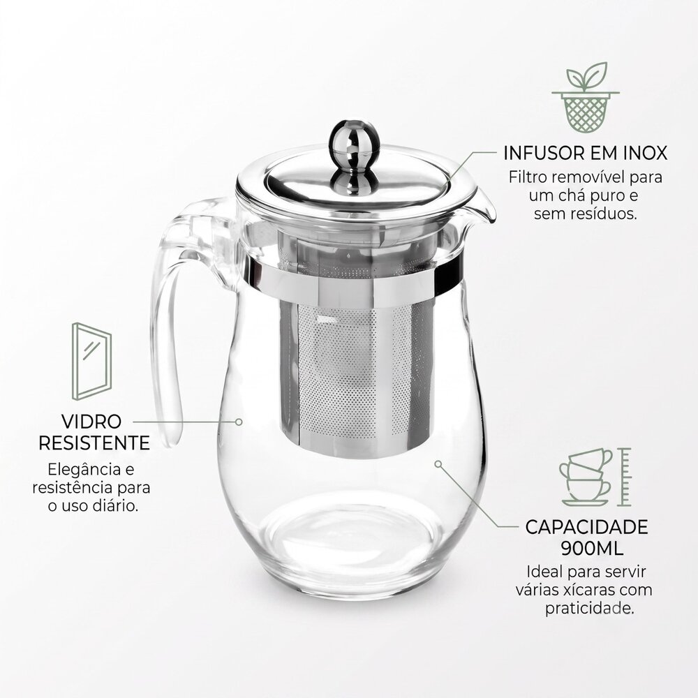 Chaleira Bule de Vidro c/ Infusor Chá em Aço Inox 900ml