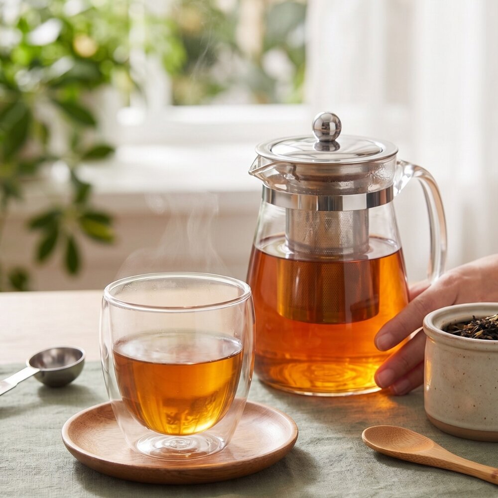 Chaleira Bule de Vidro c/ Infusor Chá em Aço Inox 900ml