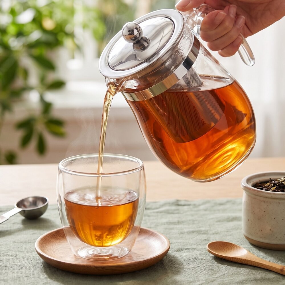 Chaleira Bule de Vidro c/ Infusor Chá em Aço Inox 900ml