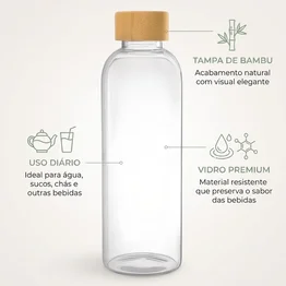 Garrafa de Vidro Borossilicato 550ml Tampa de Bambu