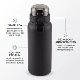 Garrafa Térmica Inox 800ml Tampa c/ Trava Preta